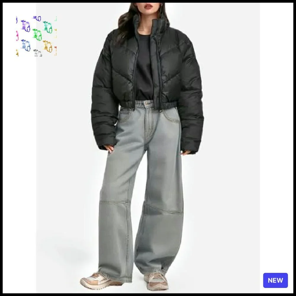 Cropped Puffer Jacket Winter Warm Quilted Zip Up Stand Collar Chic - Picture 6 of 7